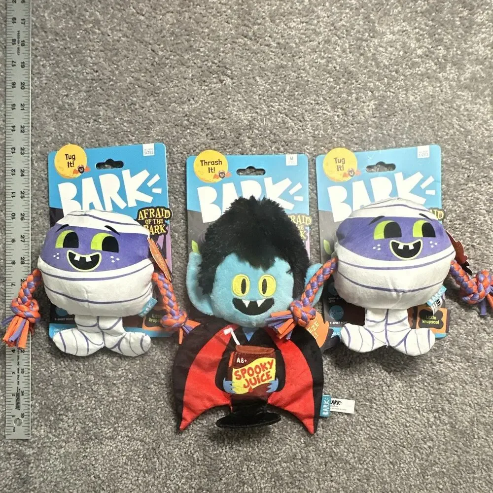 BARK Afraid of the Bark Plush Stuffed Dog Toy Set Little Wrapscal M Squeaky Rope